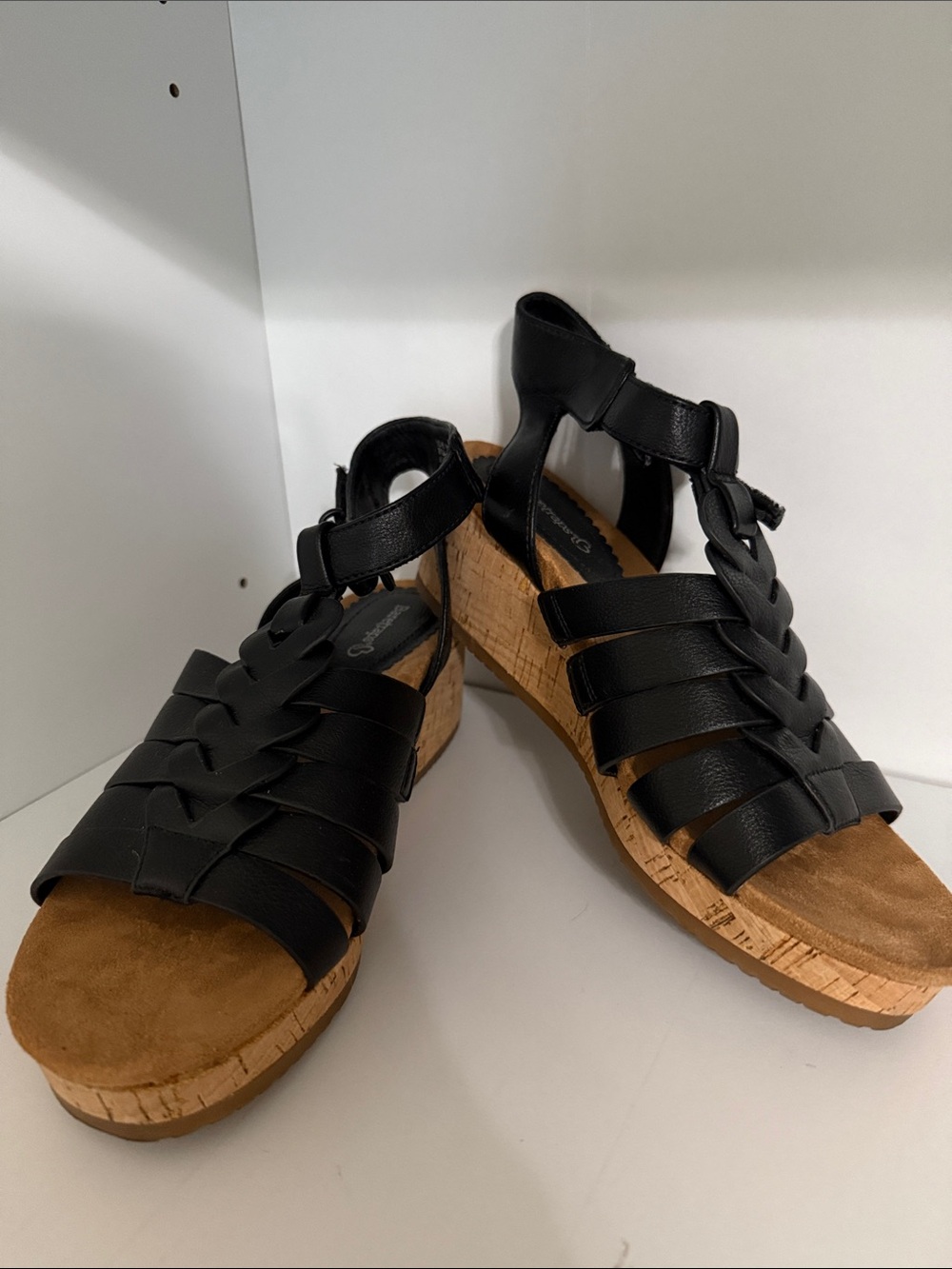 Women’s 8 Baretraps Black Cork Wedge Sandals Velcro Strap Walking Arch Support